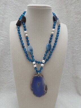 Handcrafted Blue Agate Sliced Pendant Necklace w/Freshwater Pearl Accents